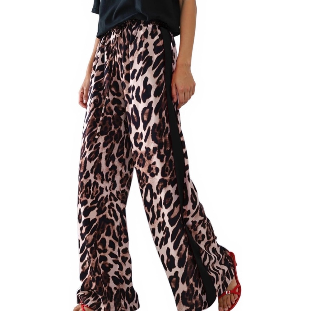 Leopard Print Wide-Leg Pants with Side Stripe - Brown/Black